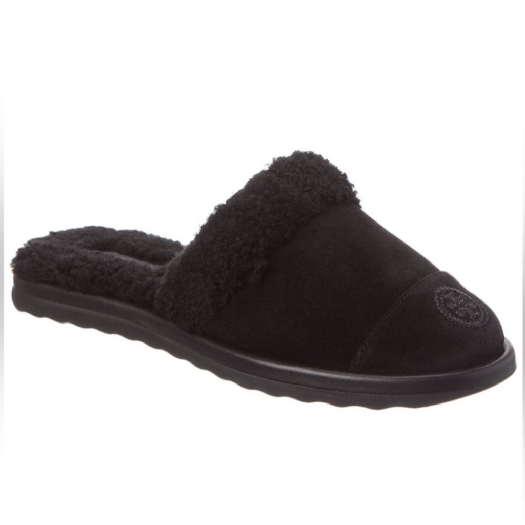New Tory Burch Suede Shearling Slipper Mule Mules Shoes In Perfect Black 7.5 Nwt